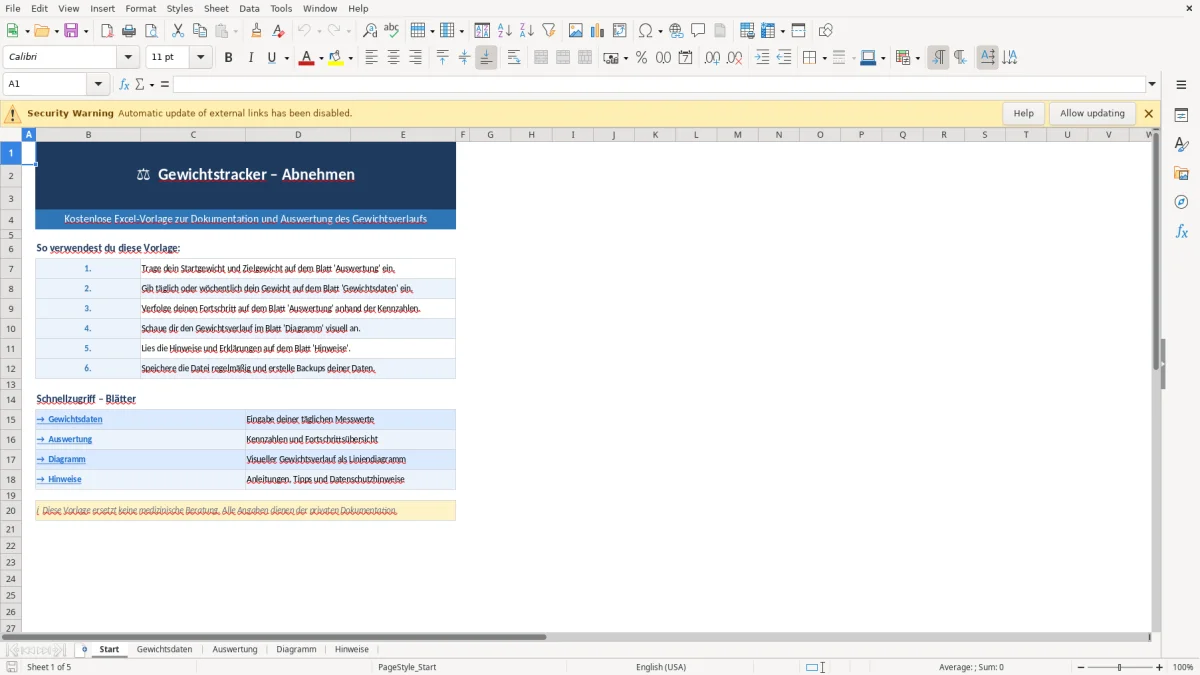 Abbildung 1: Tabellenblatt Start - Gewichtstracker abnehmen Excel Vorlage kostenlos Excel-Vorlage