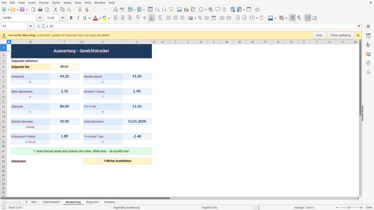 Abbildung 3: Tabellenblatt Auswertung - Gewichtstracker abnehmen Excel Vorlage kostenlos Excel-Vorlage