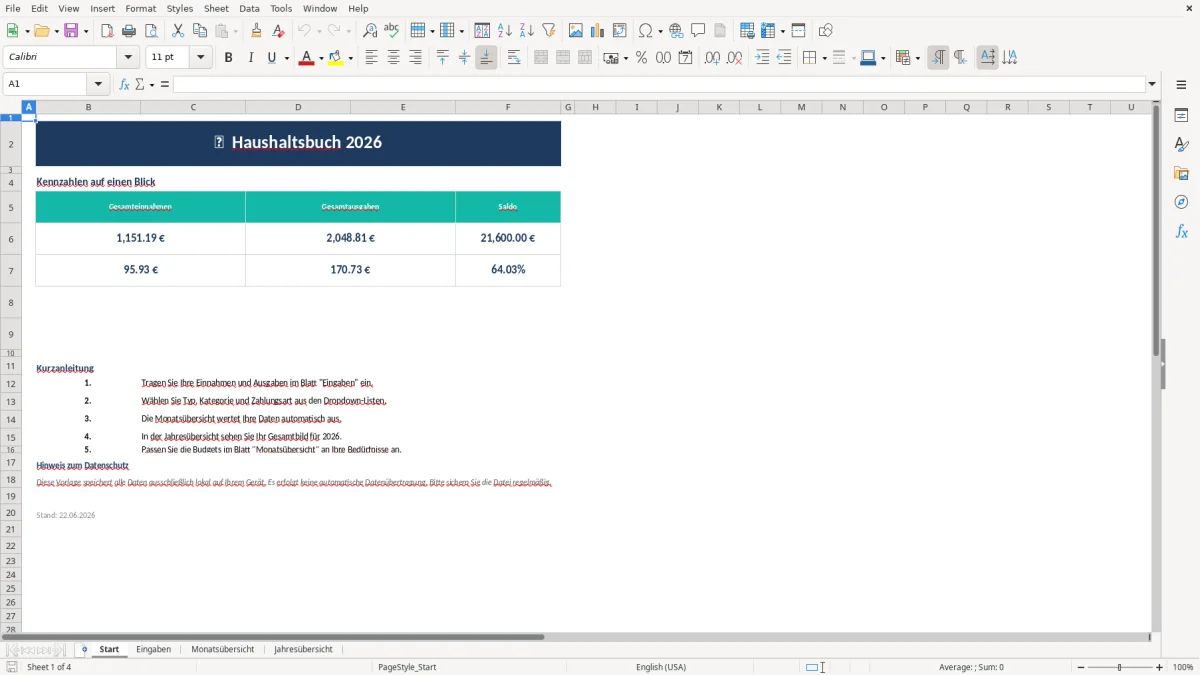 Abbildung 1: Tabellenblatt Start - Haushaltsbuch führen Excel Vorlage kostenlos Excel-Vorlage
