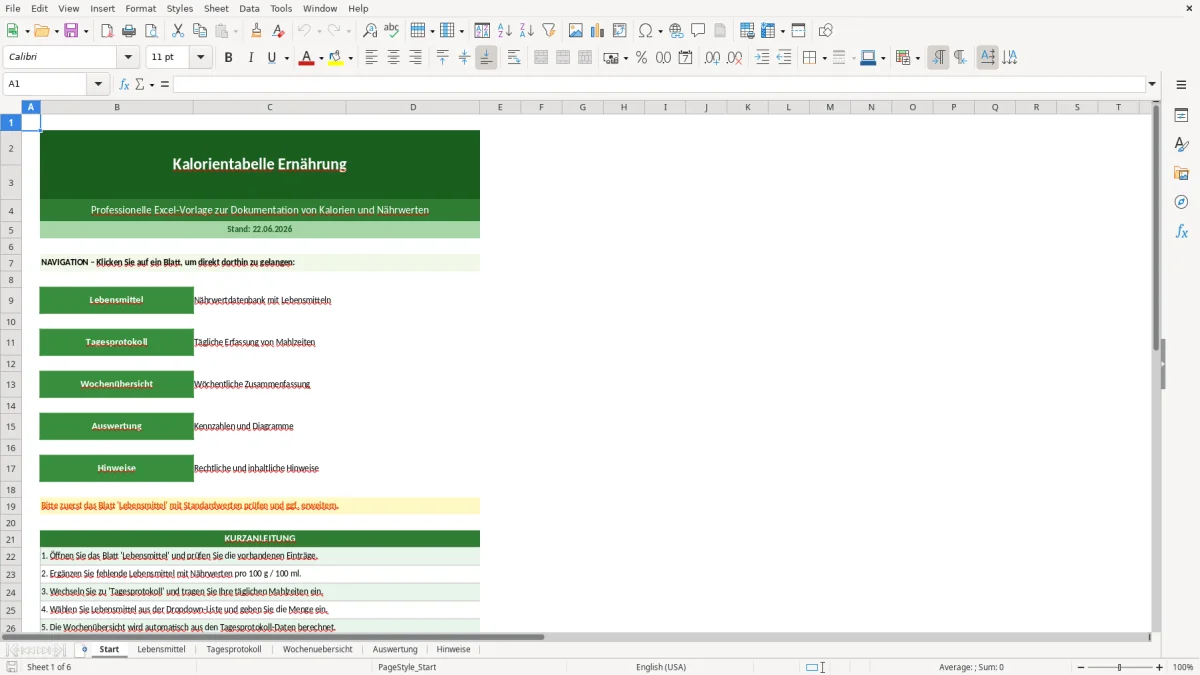Abbildung 1: Tabellenblatt Start - Kalorientabelle Ernährung Excel Vorlage Excel-Vorlage