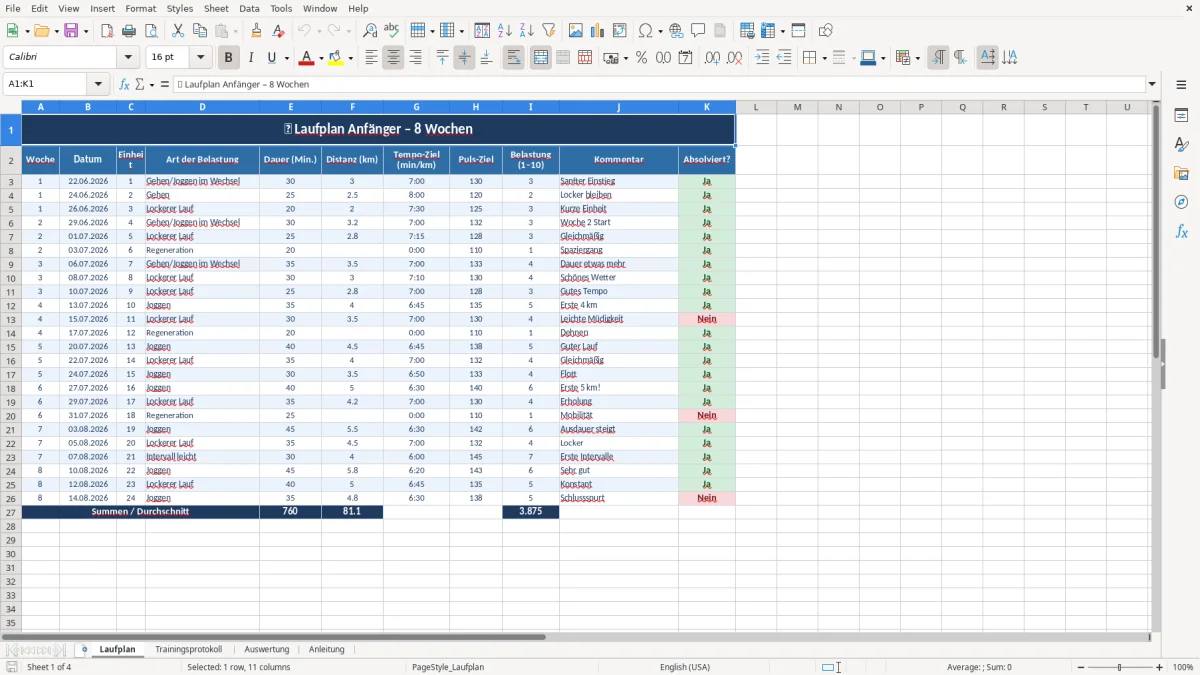 Abbildung 1: Tabellenblatt Laufplan - Laufplan Anfänger Excel Vorlage Excel-Vorlage