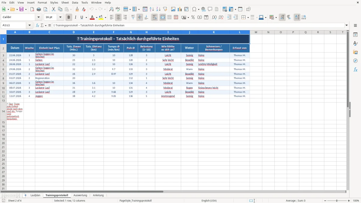 Abbildung 2: Tabellenblatt Trainingsprotokoll - Laufplan Anfänger Excel Vorlage Excel-Vorlage