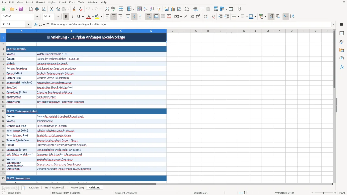 Abbildung 4: Tabellenblatt Anleitung - Laufplan Anfänger Excel Vorlage Excel-Vorlage