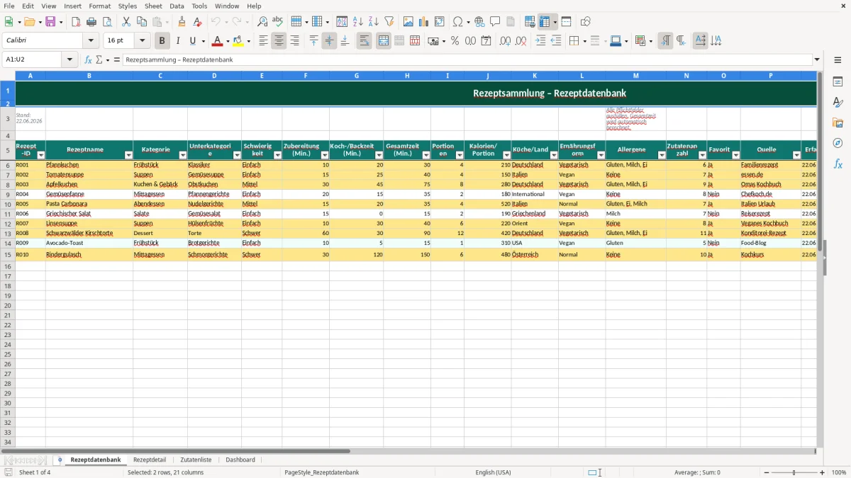 Abbildung 1: Tabellenblatt Rezeptdatenbank - Rezeptsammlung Excel Vorlage kostenlos Excel-Vorlage