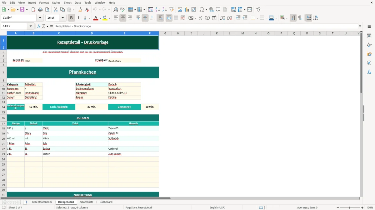 Abbildung 2: Tabellenblatt Rezeptdetail - Rezeptsammlung Excel Vorlage kostenlos Excel-Vorlage