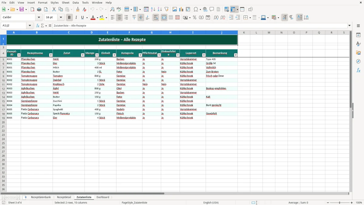 Abbildung 3: Tabellenblatt Zutatenliste - Rezeptsammlung Excel Vorlage kostenlos Excel-Vorlage