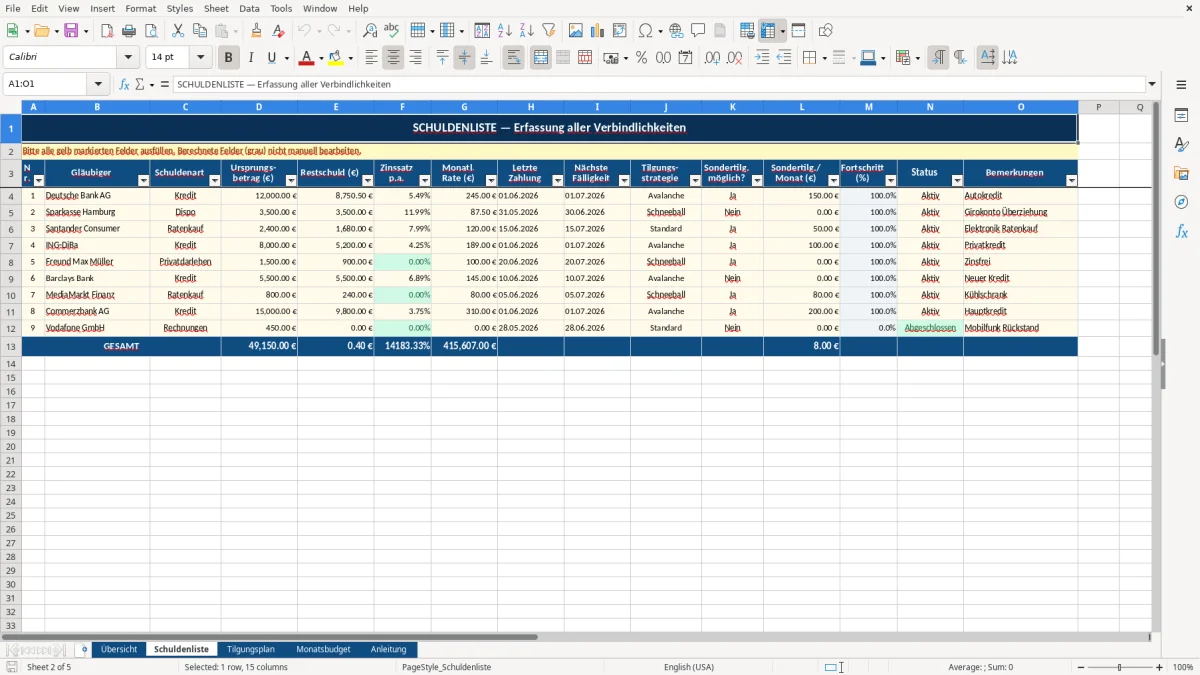 Abbildung 2: Tabellenblatt Schuldenliste - Schuldenabbau Plan Excel Vorlage kostenlos Excel-Vorlage