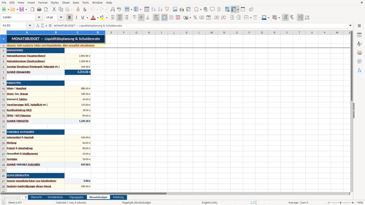 Abbildung 4: Tabellenblatt Monatsbudget - Schuldenabbau Plan Excel Vorlage kostenlos Excel-Vorlage