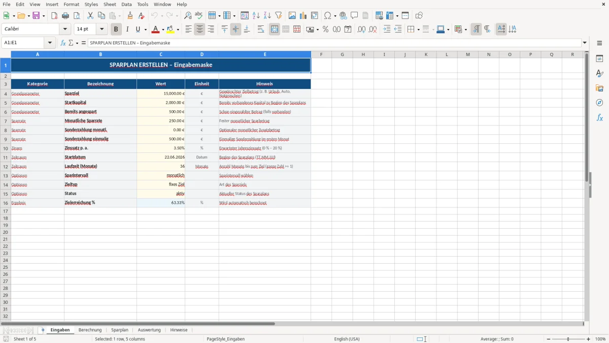 Abbildung 1: Tabellenblatt Eingaben - Sparplan erstellen Excel Vorlage Excel-Vorlage