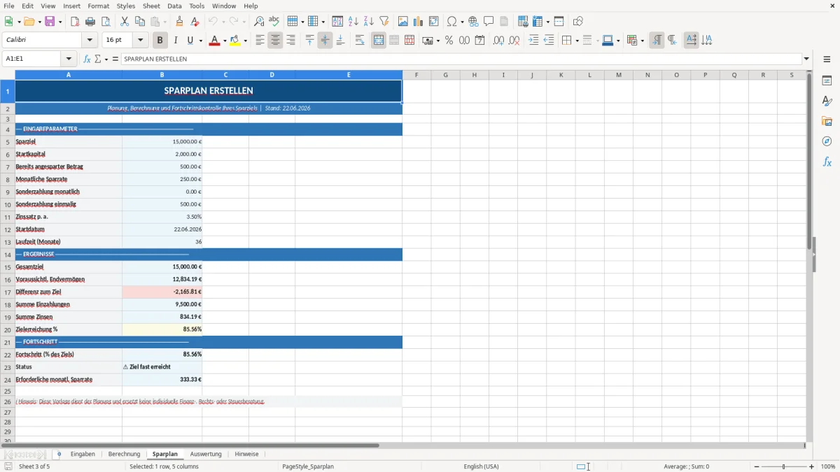 Abbildung 3: Tabellenblatt Sparplan - Sparplan erstellen Excel Vorlage Excel-Vorlage