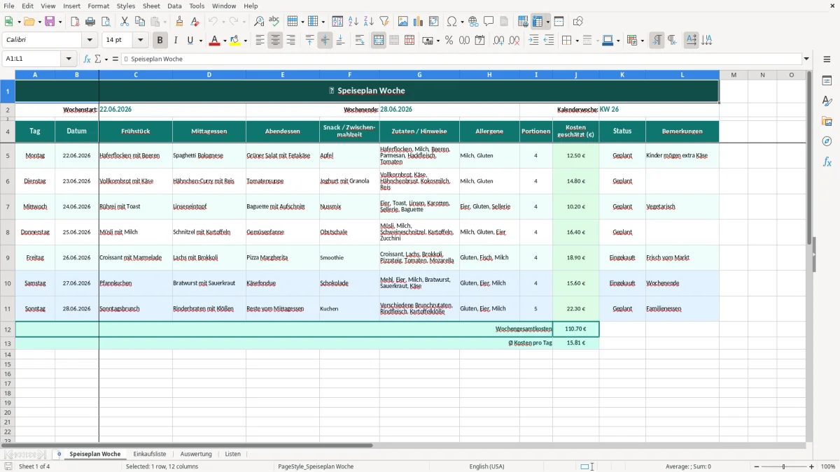 Abbildung 1: Tabellenblatt Speiseplan Woche - Speiseplan Woche Excel Vorlage Excel-Vorlage