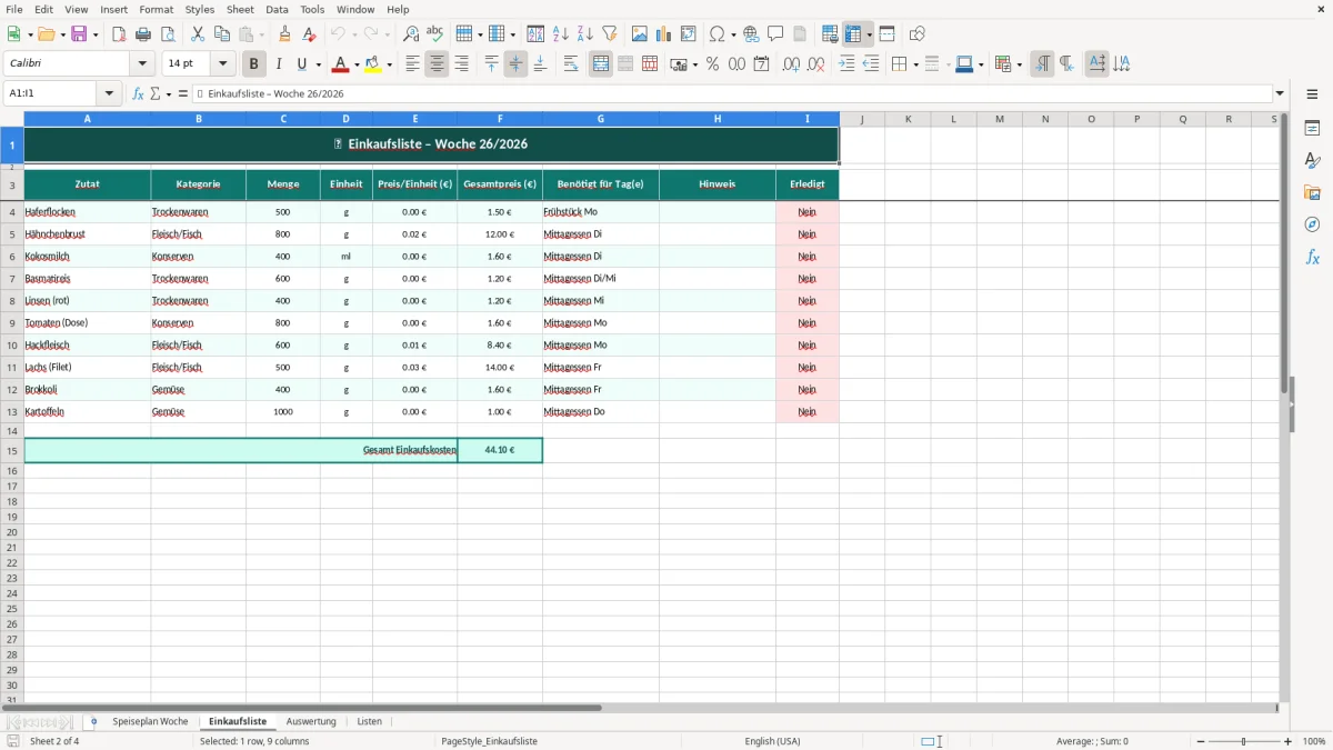 Abbildung 2: Tabellenblatt Einkaufsliste - Speiseplan Woche Excel Vorlage Excel-Vorlage