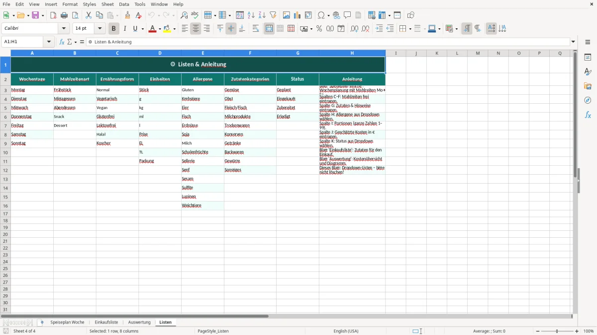 Abbildung 4: Tabellenblatt Listen - Speiseplan Woche Excel Vorlage Excel-Vorlage