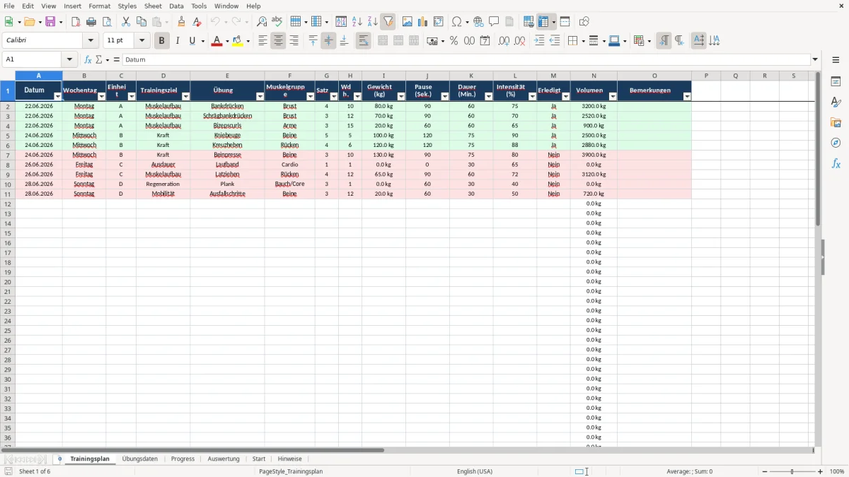Abbildung 1: Tabellenblatt Trainingsplan - Trainingsplan Fitness Excel Vorlage kostenlos Excel-Vorlage