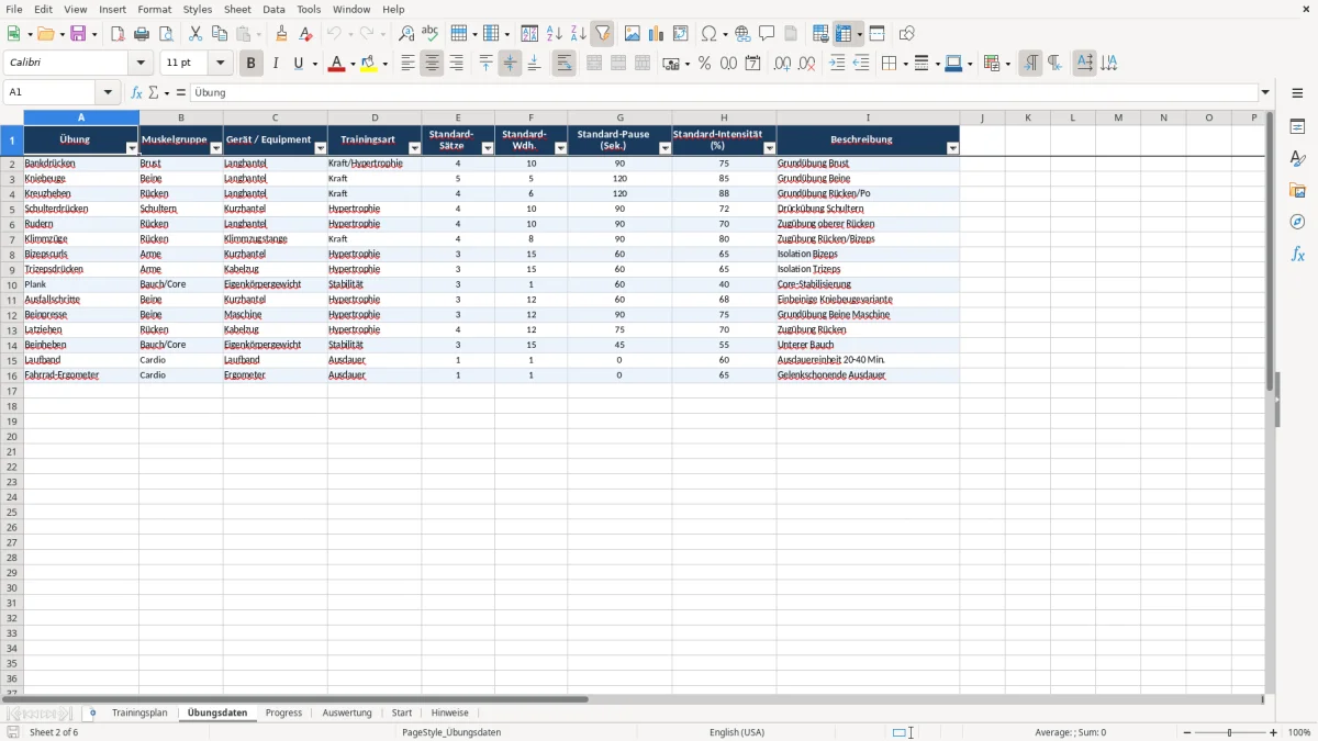 Abbildung 2: Tabellenblatt Übungsdaten - Trainingsplan Fitness Excel Vorlage kostenlos Excel-Vorlage