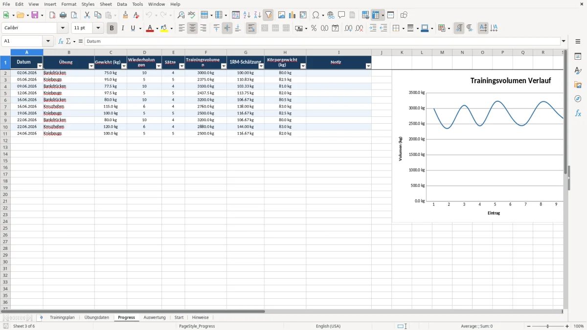 Abbildung 3: Tabellenblatt Progress - Trainingsplan Fitness Excel Vorlage kostenlos Excel-Vorlage