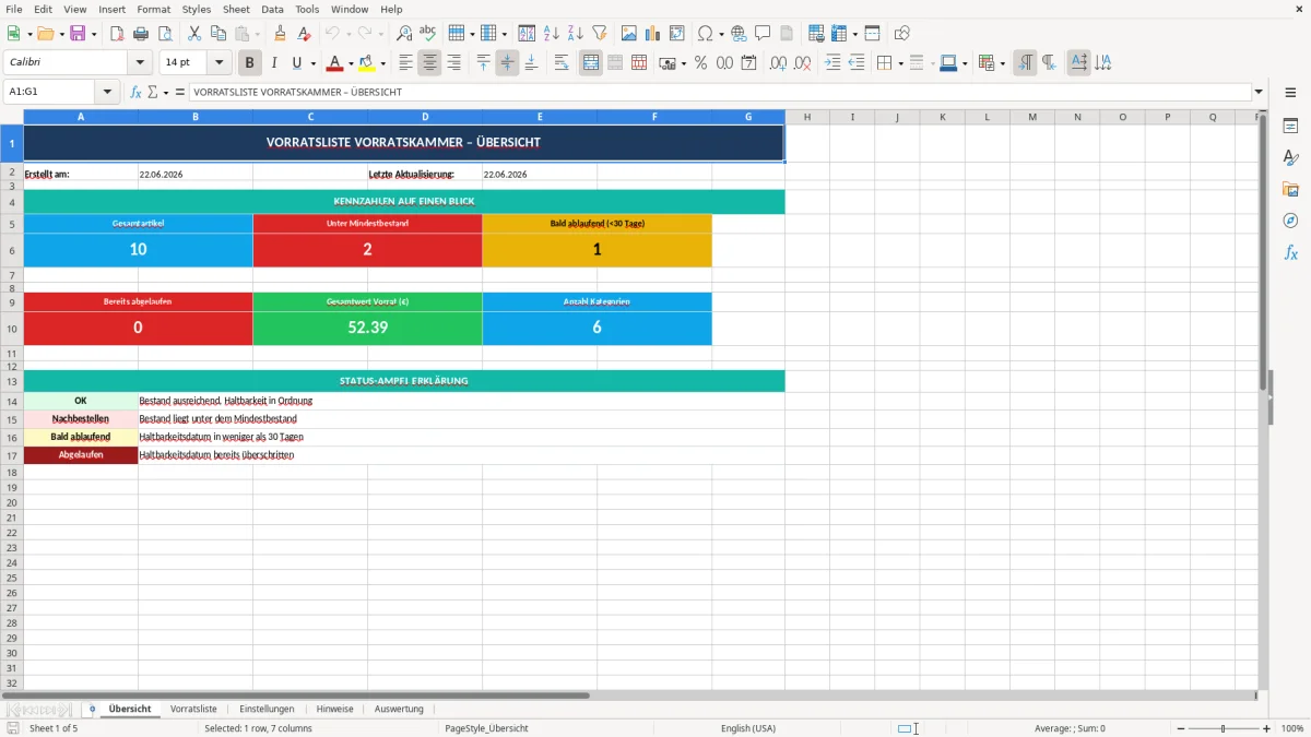 Abbildung 1: Tabellenblatt Übersicht - Vorratsliste Vorratskammer Excel Vorlage Excel-Vorlage