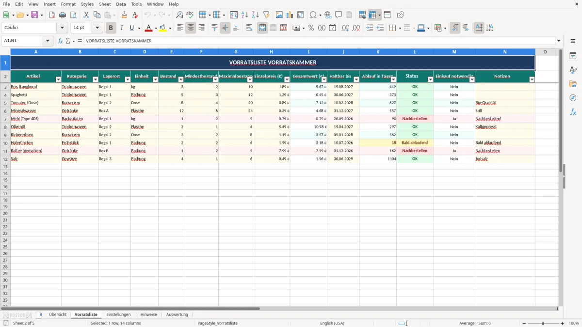 Abbildung 2: Tabellenblatt Vorratsliste - Vorratsliste Vorratskammer Excel Vorlage Excel-Vorlage