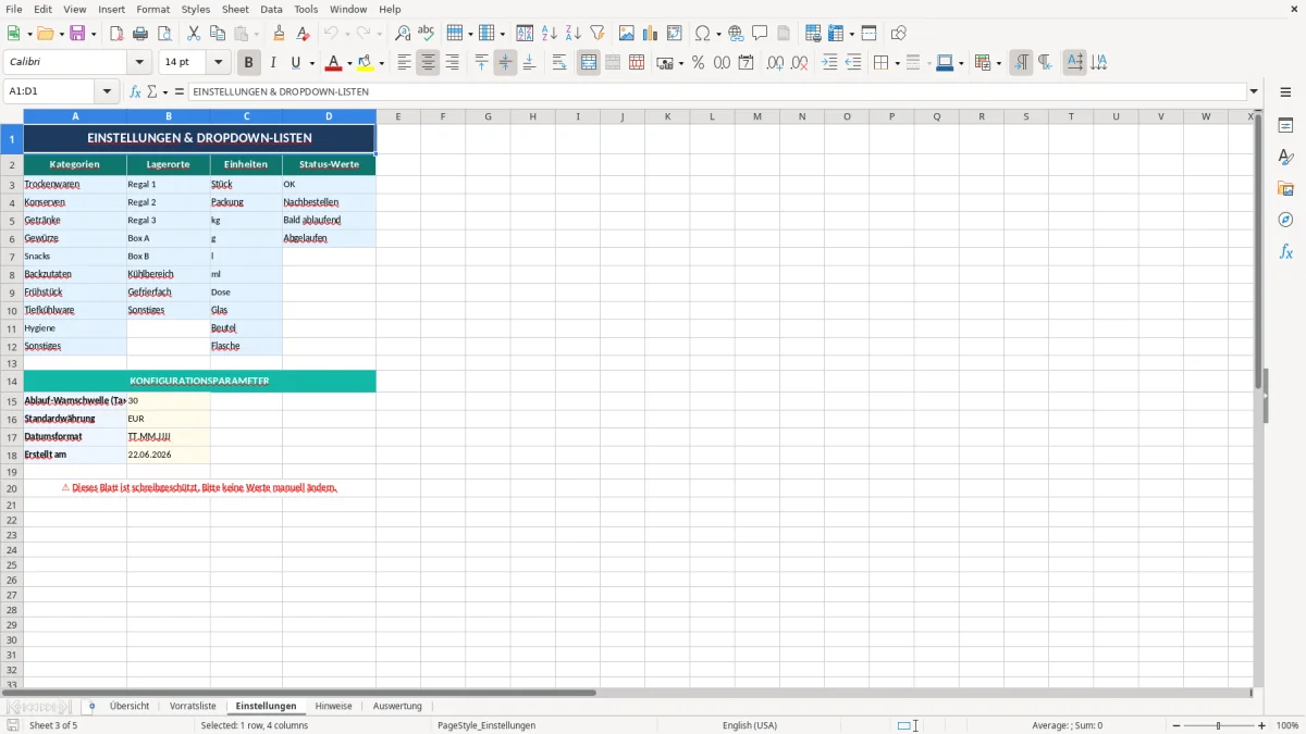 Abbildung 3: Tabellenblatt Einstellungen - Vorratsliste Vorratskammer Excel Vorlage Excel-Vorlage