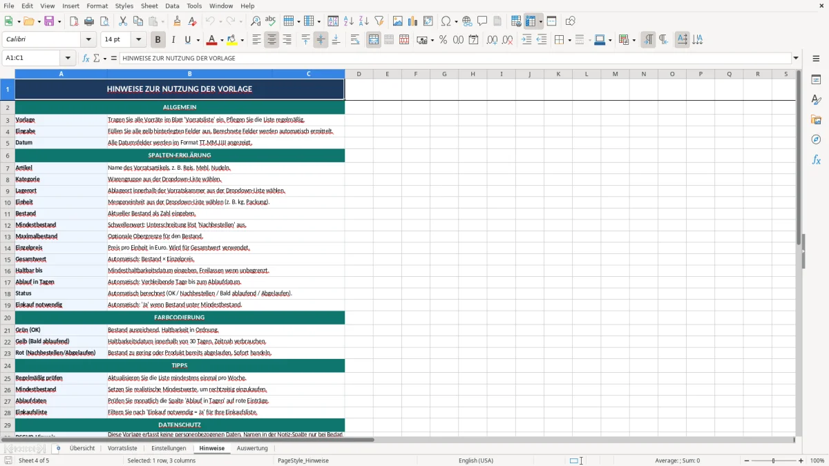 Abbildung 4: Tabellenblatt Hinweise - Vorratsliste Vorratskammer Excel Vorlage Excel-Vorlage