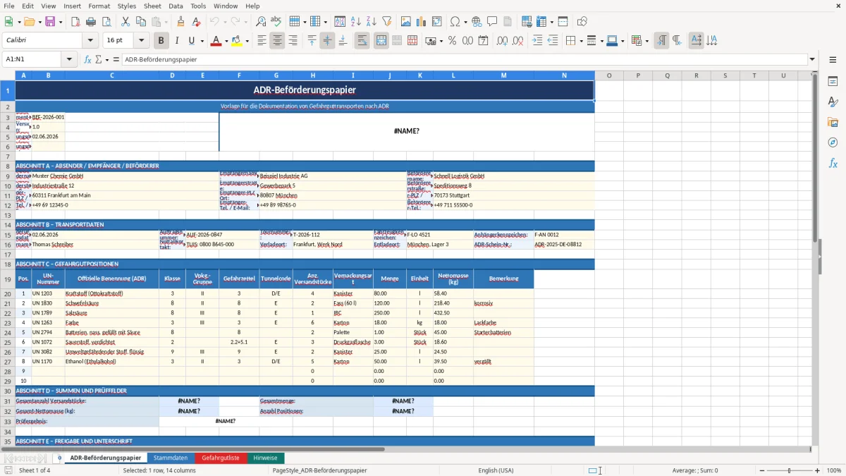 Abbildung 1: Tabellenblatt ADR-Beförderungspapier - adr beförderungspapier vorlage excel Excel-Vorlage