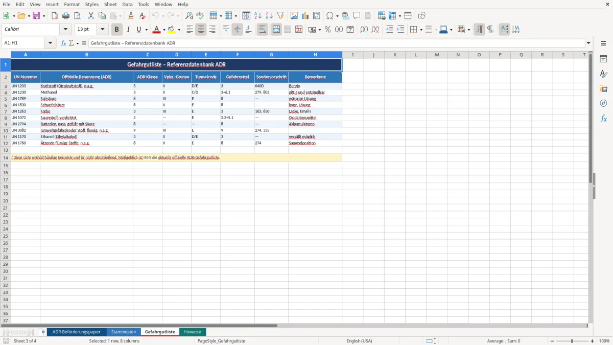 Abbildung 3: Tabellenblatt Gefahrgutliste - adr beförderungspapier vorlage excel Excel-Vorlage