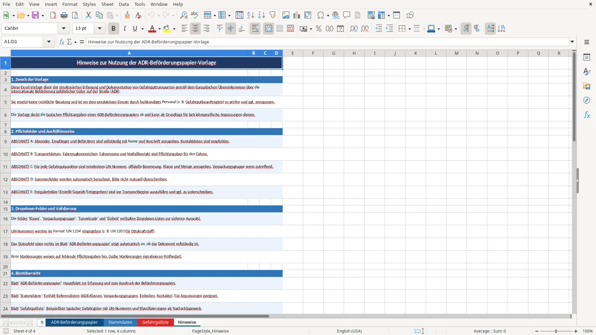 Abbildung 4: Tabellenblatt Hinweise - adr beförderungspapier vorlage excel Excel-Vorlage