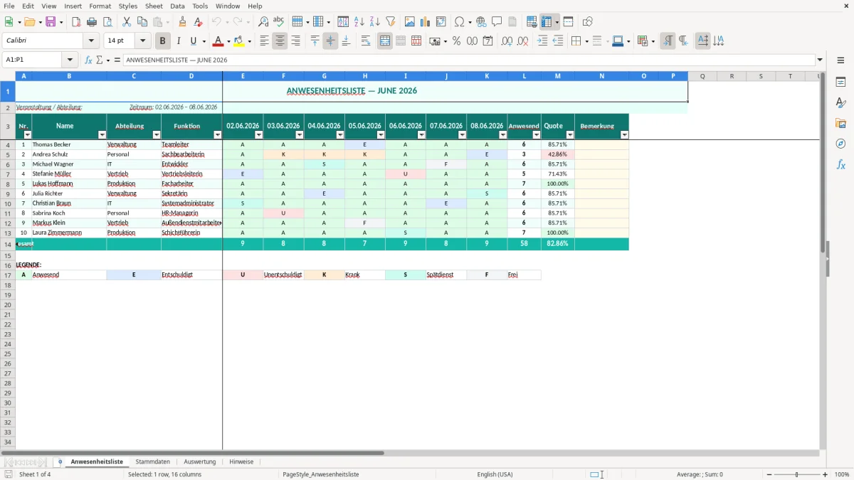 Abbildung 1: Tabellenblatt Anwesenheitsliste - anwesenheitsliste vorlage excel Excel-Vorlage