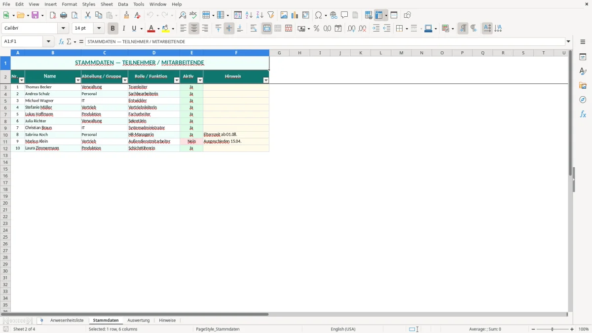 Abbildung 2: Tabellenblatt Stammdaten - anwesenheitsliste vorlage excel Excel-Vorlage