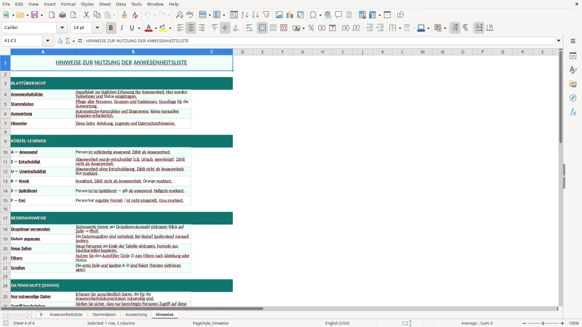 Abbildung 4: Tabellenblatt Hinweise - anwesenheitsliste vorlage excel Excel-Vorlage