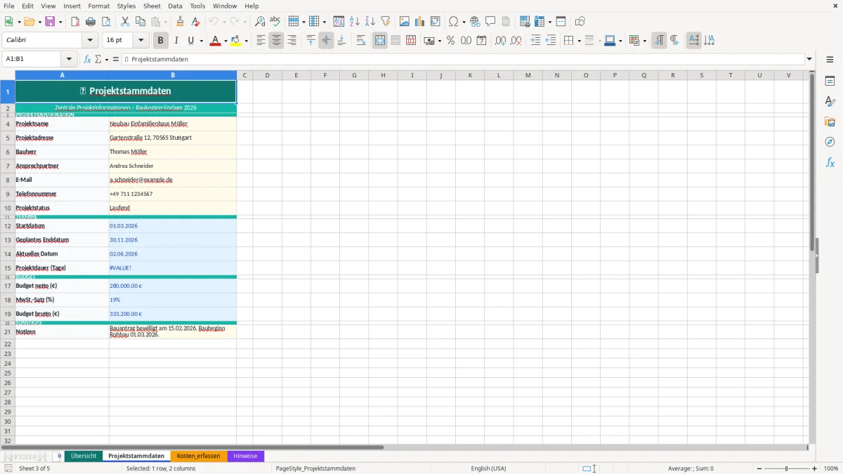 Abbildung 2: Tabellenblatt Stammdaten - baukosten excel-vorlage kostenlos Excel-Vorlage