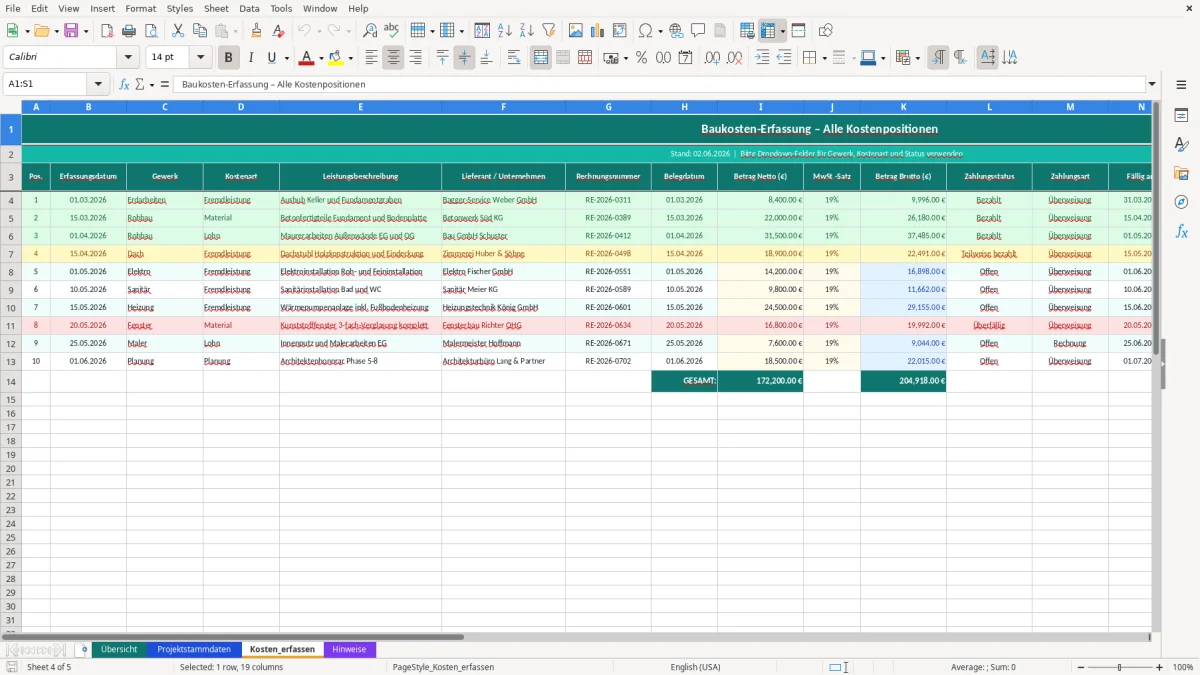 Abbildung 3: Tabellenblatt Projektstammdaten - baukosten excel-vorlage kostenlos Excel-Vorlage