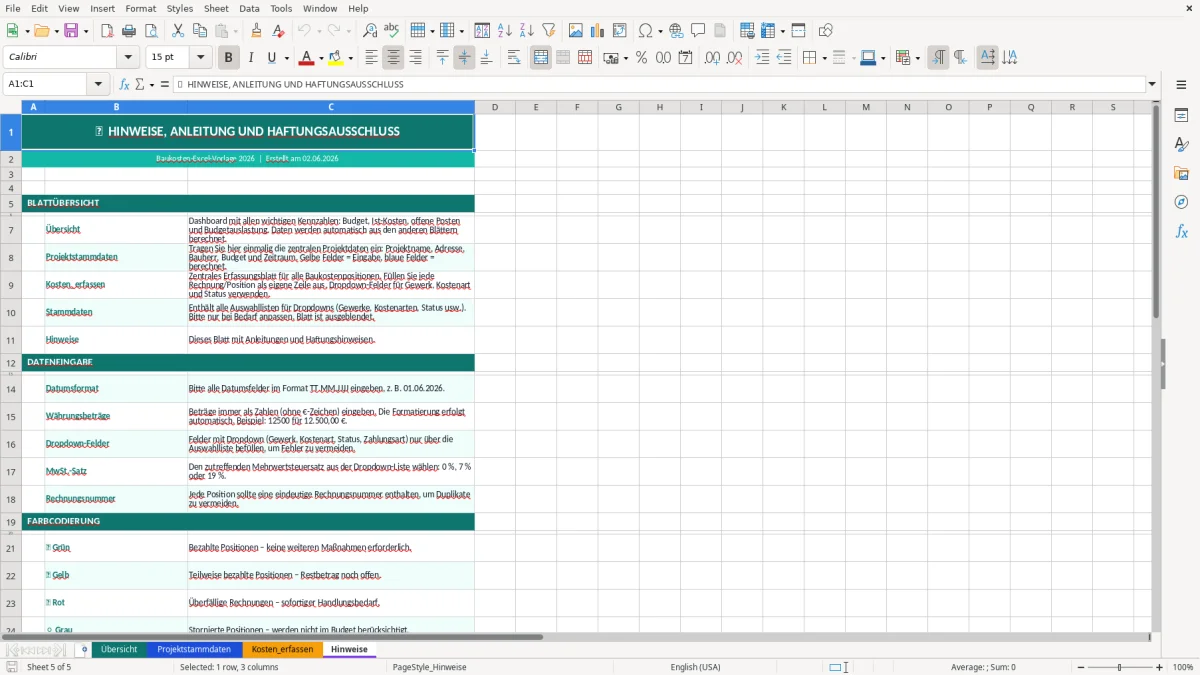 Abbildung 4: Tabellenblatt Kosten_erfassen - baukosten excel-vorlage kostenlos Excel-Vorlage