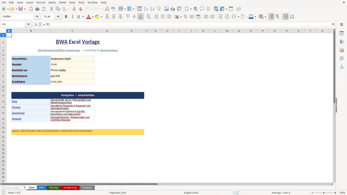 Abbildung 1: Tabellenblatt Start - bwa excel vorlage Excel-Vorlage
