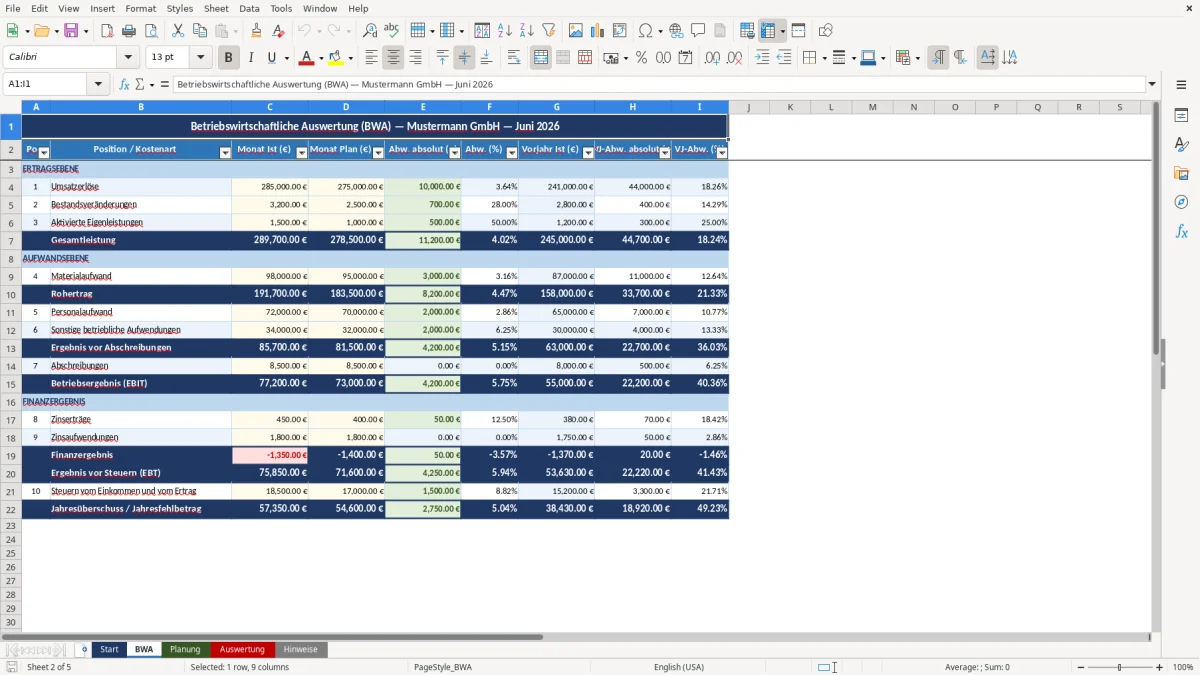 Abbildung 2: Tabellenblatt BWA - bwa excel vorlage Excel-Vorlage