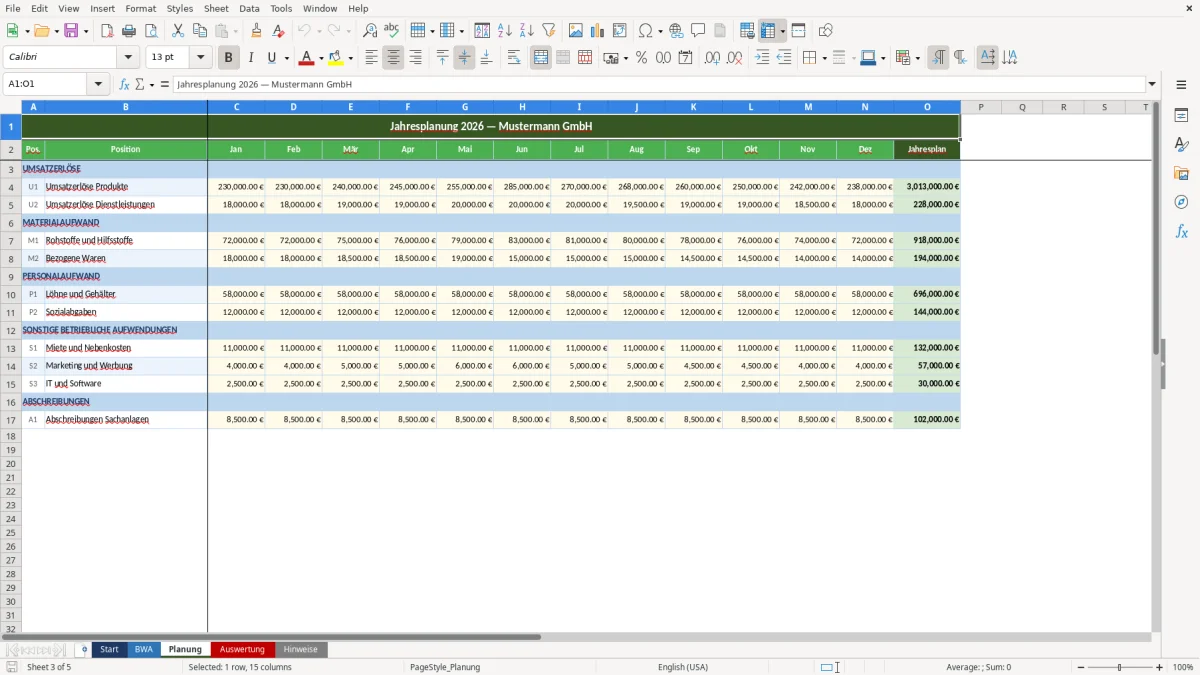 Abbildung 3: Tabellenblatt Planung - bwa excel vorlage Excel-Vorlage