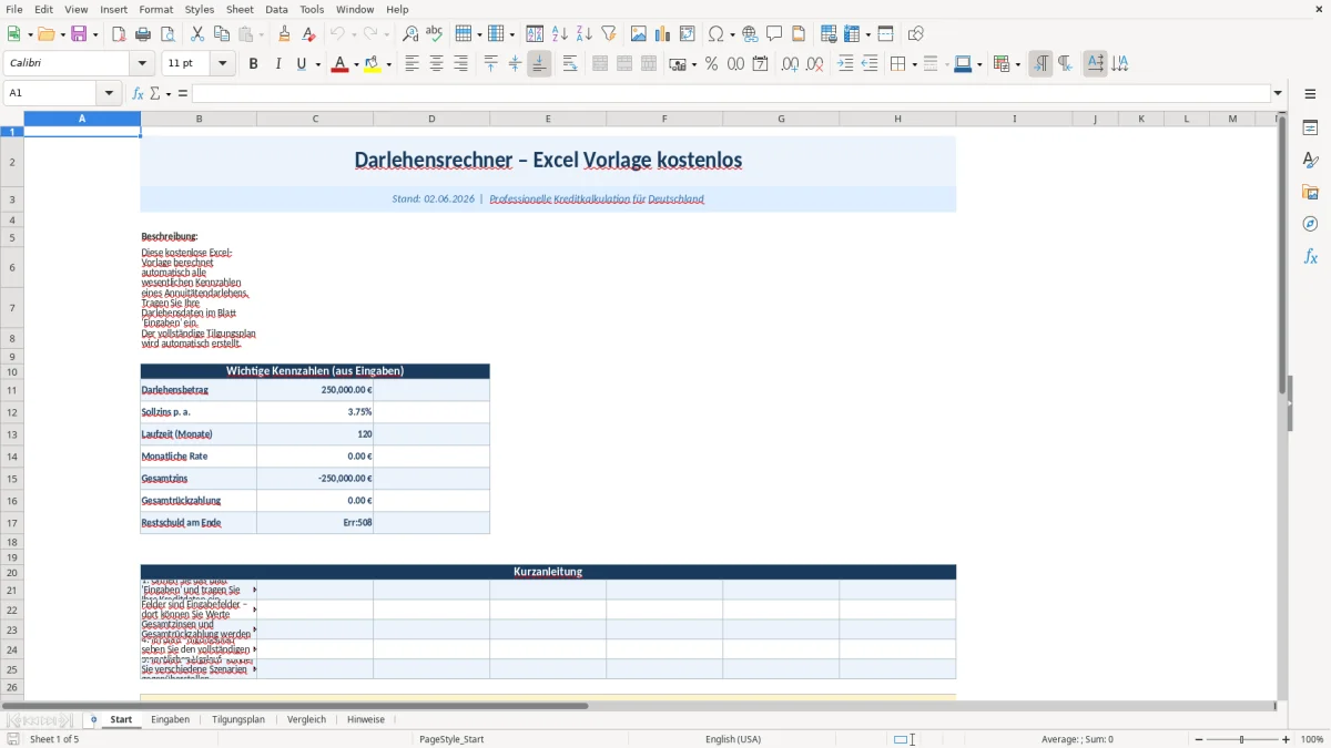 Abbildung 1: Tabellenblatt Start - darlehensrechner excel vorlage kostenlos Excel-Vorlage
