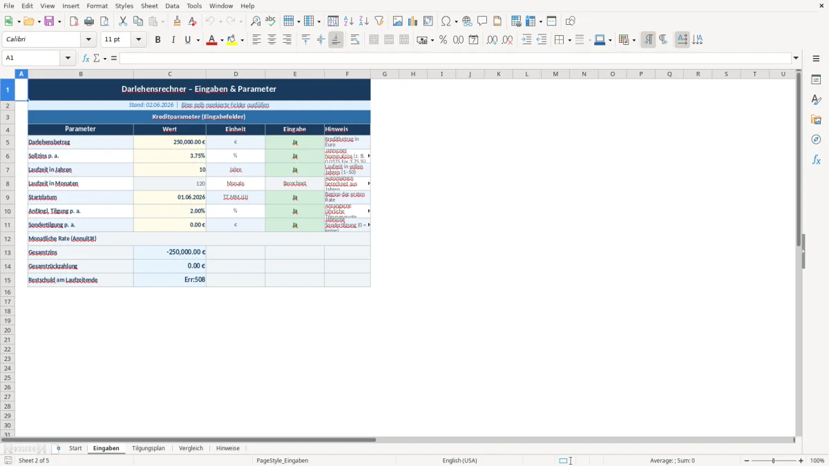 Abbildung 2: Tabellenblatt Eingaben - darlehensrechner excel vorlage kostenlos Excel-Vorlage