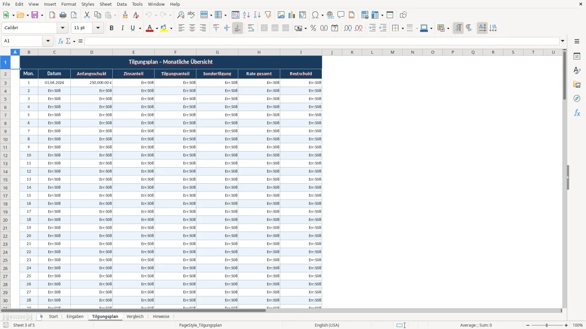 Abbildung 3: Tabellenblatt Tilgungsplan - darlehensrechner excel vorlage kostenlos Excel-Vorlage
