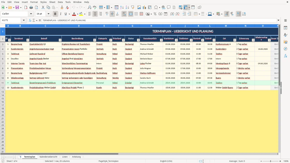 Abbildung 1: Tabellenblatt Terminplan - excel terminplan vorlage Excel-Vorlage