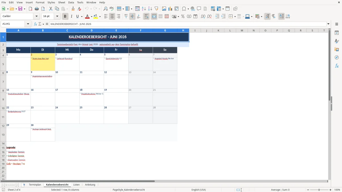 Abbildung 2: Tabellenblatt Kalenderoebersicht - excel terminplan vorlage Excel-Vorlage