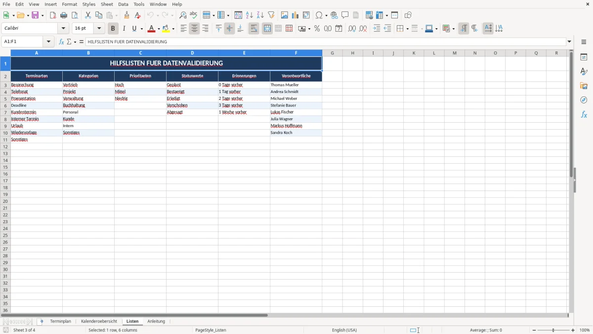Abbildung 3: Tabellenblatt Listen - excel terminplan vorlage Excel-Vorlage