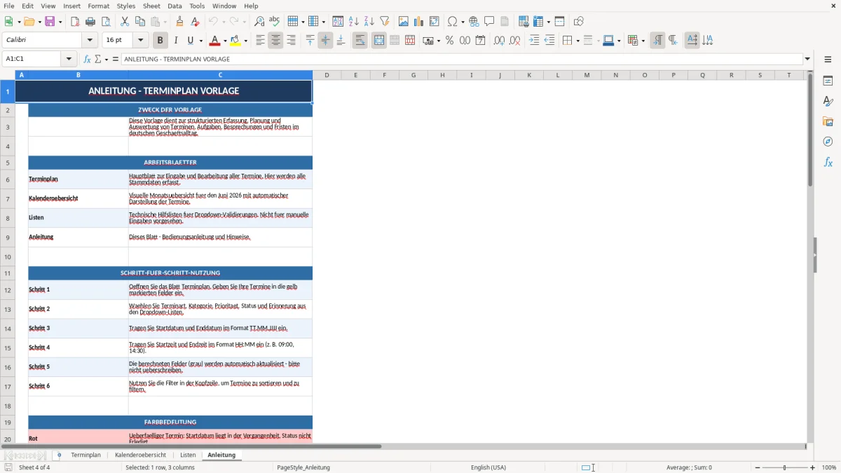 Abbildung 4: Tabellenblatt Anleitung - excel terminplan vorlage Excel-Vorlage