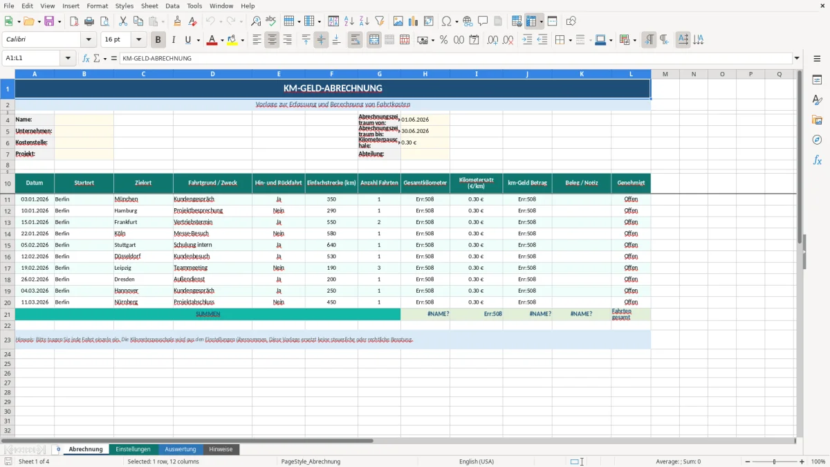 Abbildung 1: Tabellenblatt Abrechnung - km geld abrechnung vorlage excel kostenlos Excel-Vorlage