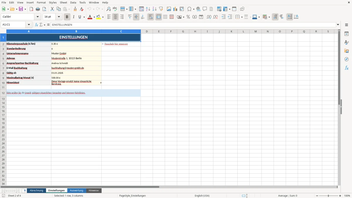 Abbildung 2: Tabellenblatt Einstellungen - km geld abrechnung vorlage excel kostenlos Excel-Vorlage