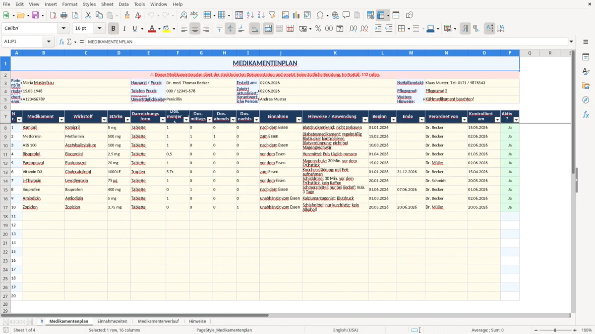 Abbildung 1: Tabellenblatt Medikamentenplan - medikamentenplan excel Excel-Vorlage