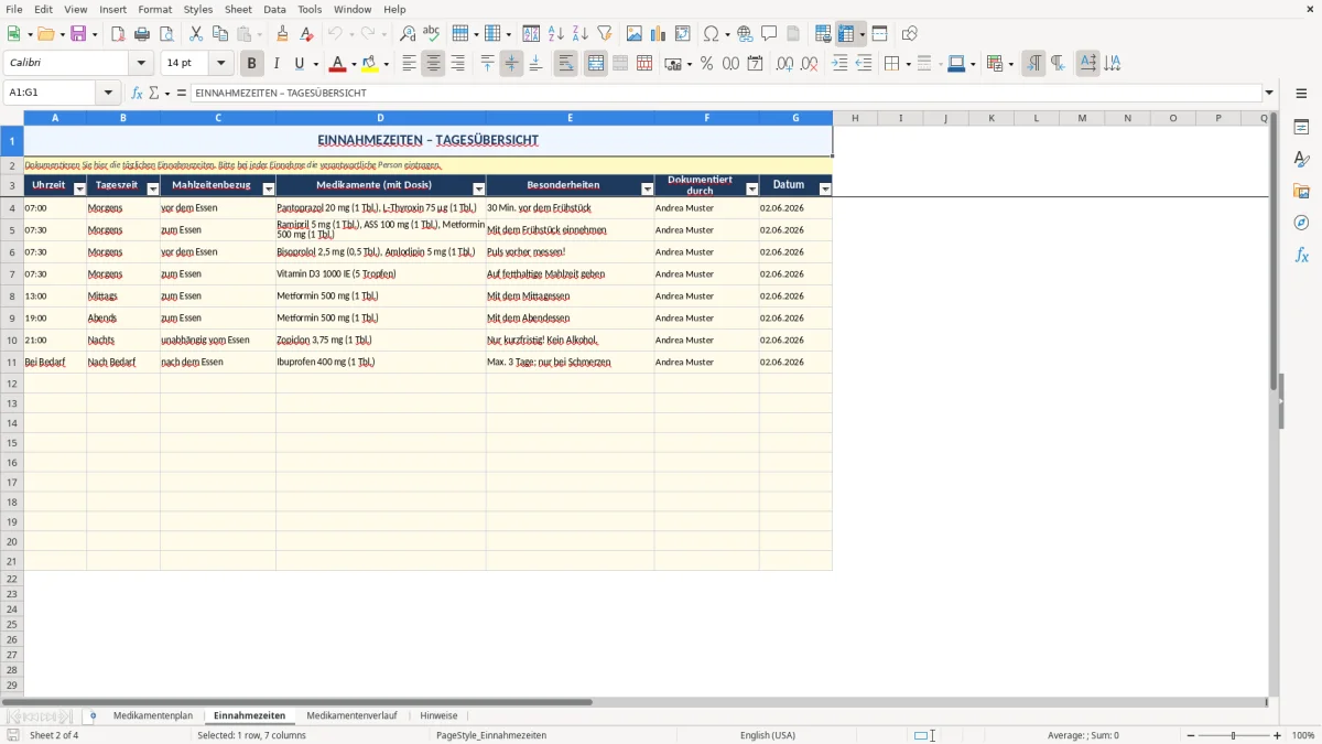 Abbildung 2: Tabellenblatt Einnahmezeiten - medikamentenplan excel Excel-Vorlage