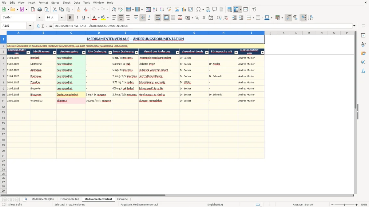 Abbildung 3: Tabellenblatt Medikamentenverlauf - medikamentenplan excel Excel-Vorlage