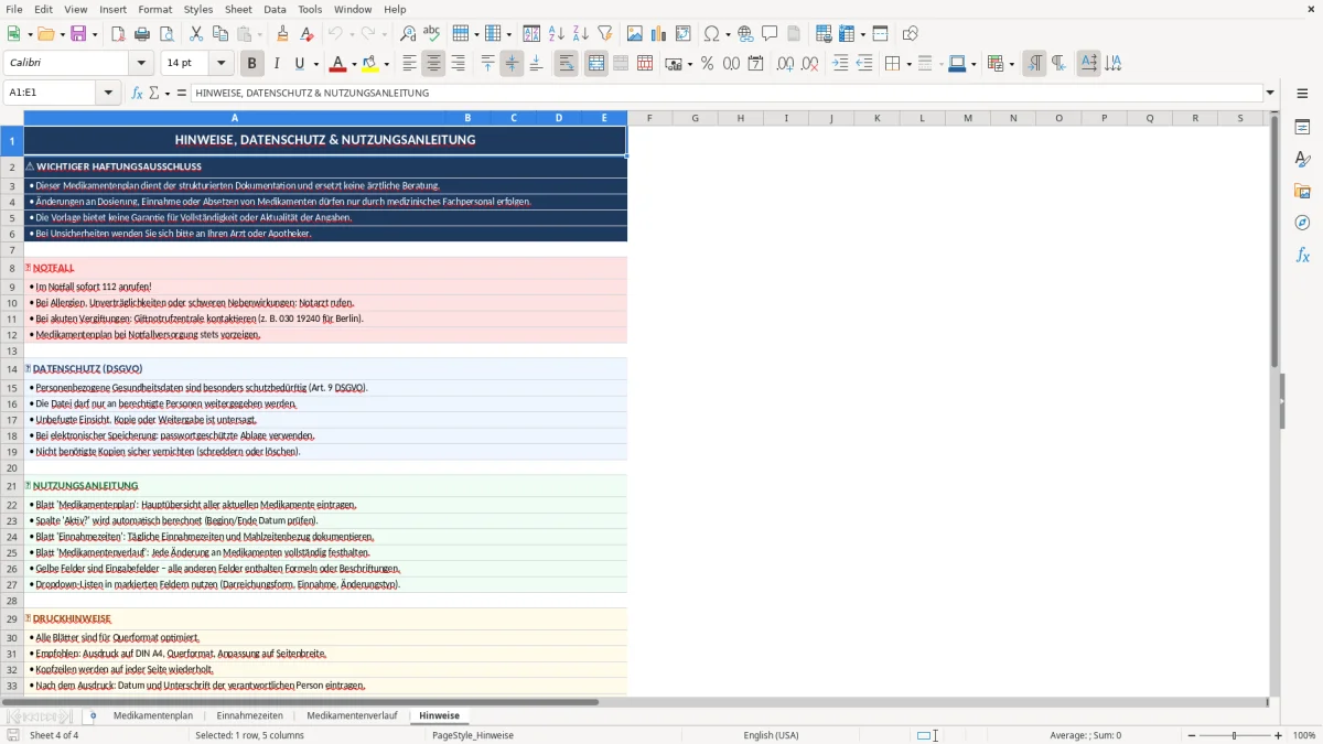 Abbildung 4: Tabellenblatt Hinweise - medikamentenplan excel Excel-Vorlage
