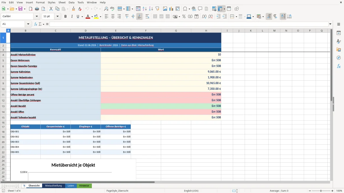 Abbildung 1: Tabellenblatt Übersicht - mietaufstellung vorlage excel Excel-Vorlage